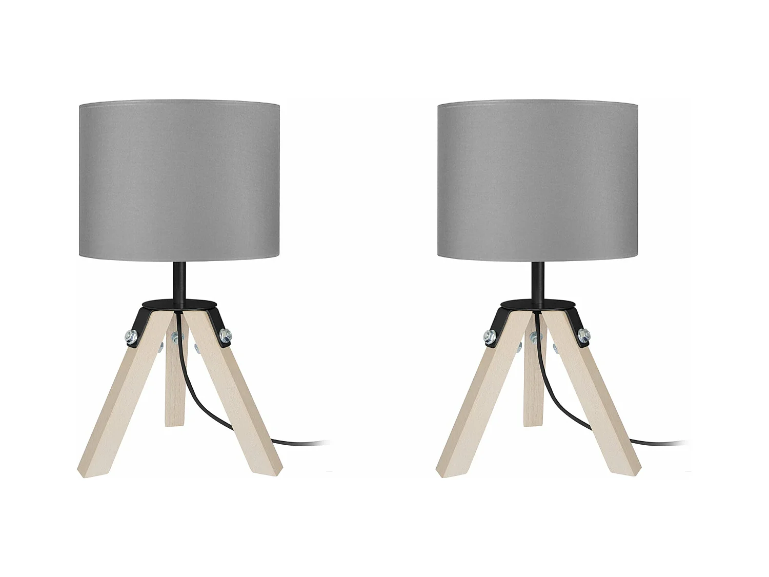 Pair de Lampes de chevet trépied bois  naturel,noir gris 30 cm.