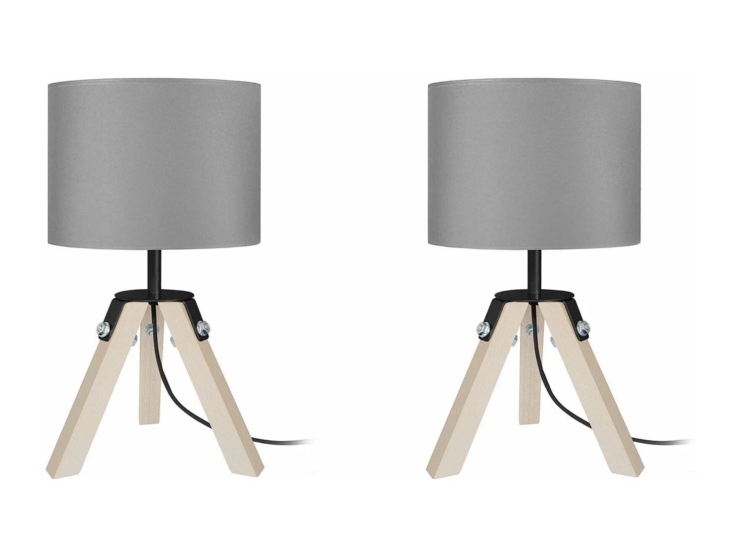 Pair de Lampes de chevet trépied bois  naturel,noir gris 30 cm.