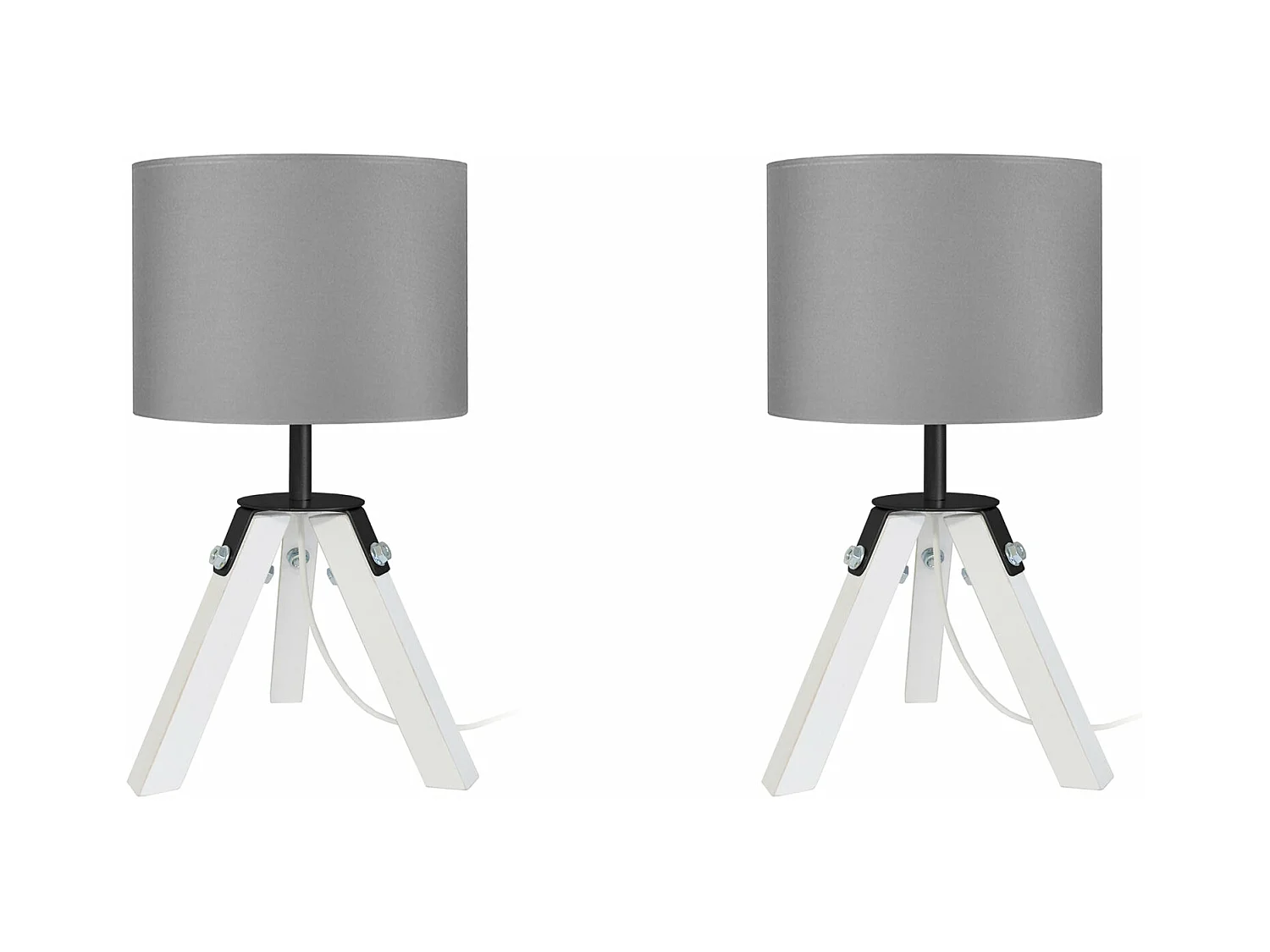 Pair de Lampes de chevet trépied, bois  naturel, blanc, gris 30 cm.