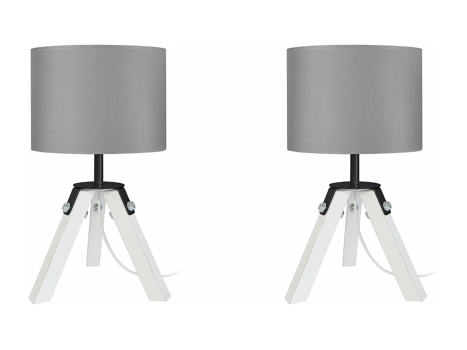 Pair de Lampes de chevet trépied, bois  naturel, blanc, gris 30 cm.