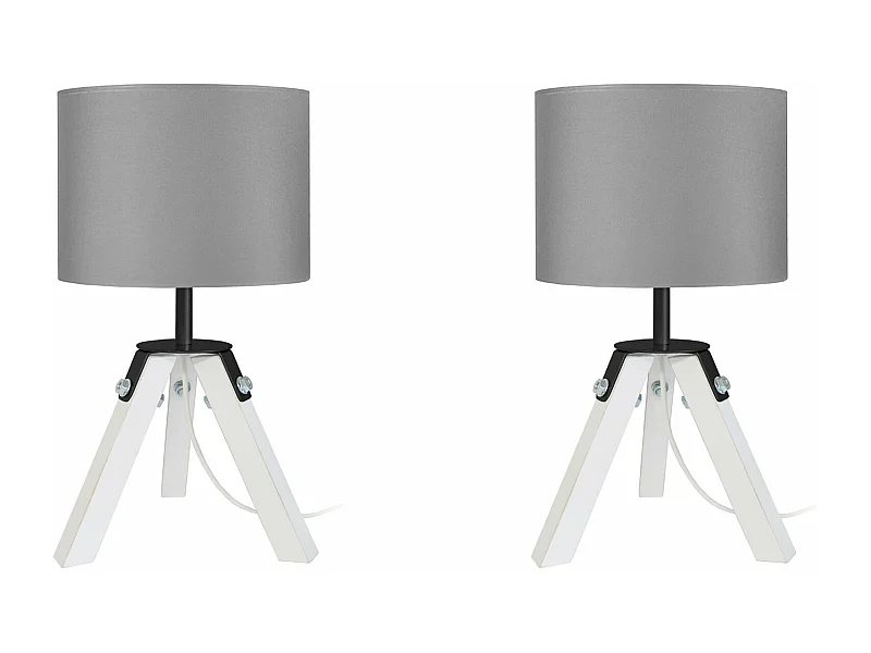 Pair de Lampes de chevet trépied, bois  naturel, blanc, gris 30 cm.
