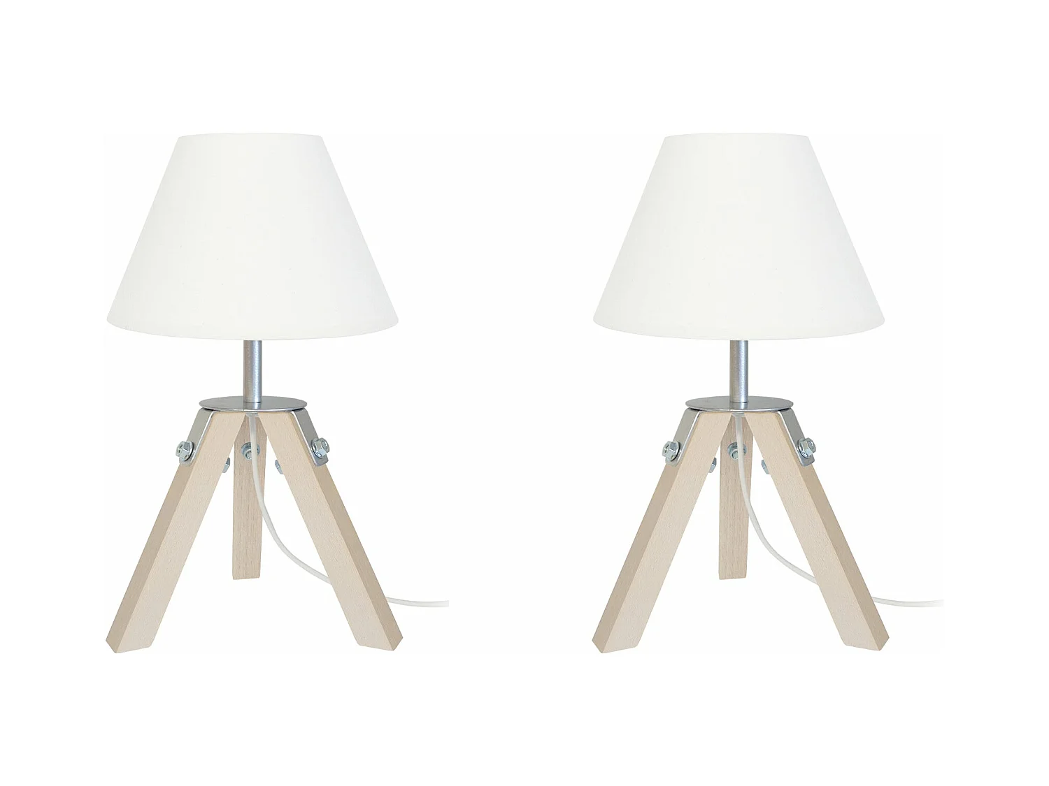 Pair de Lampes de chevet trépied bois  naturel,aluminium écru 30 cm.