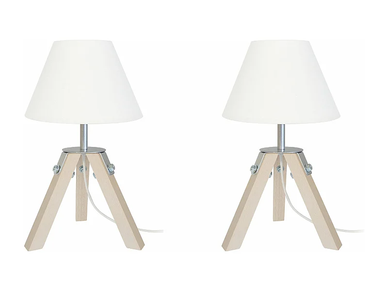 Pair de Lampes de chevet trépied bois  naturel,aluminium écru 30 cm.