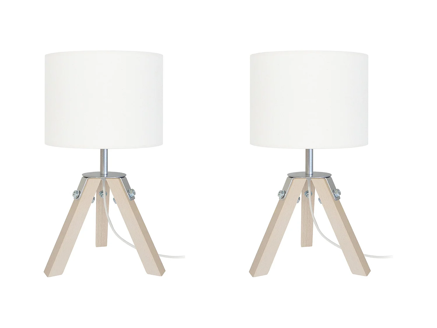 Pair de Lampes, de chevet trépied bois  naturel,aluminium.écru 30 cm.