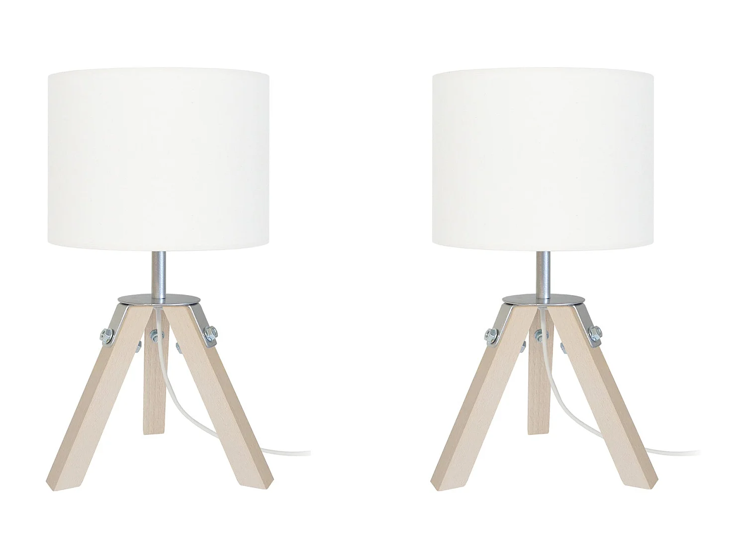 Pair de Lampes, de chevet trépied bois  naturel,aluminium.écru 30 cm.