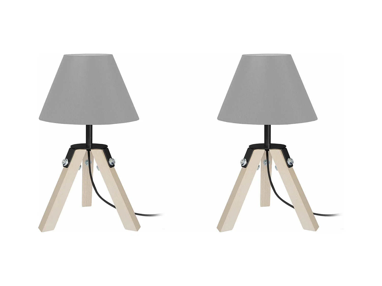 Pair de Lampes de chevet trépied, bois  naturel,aluminium.gris 30 cm.