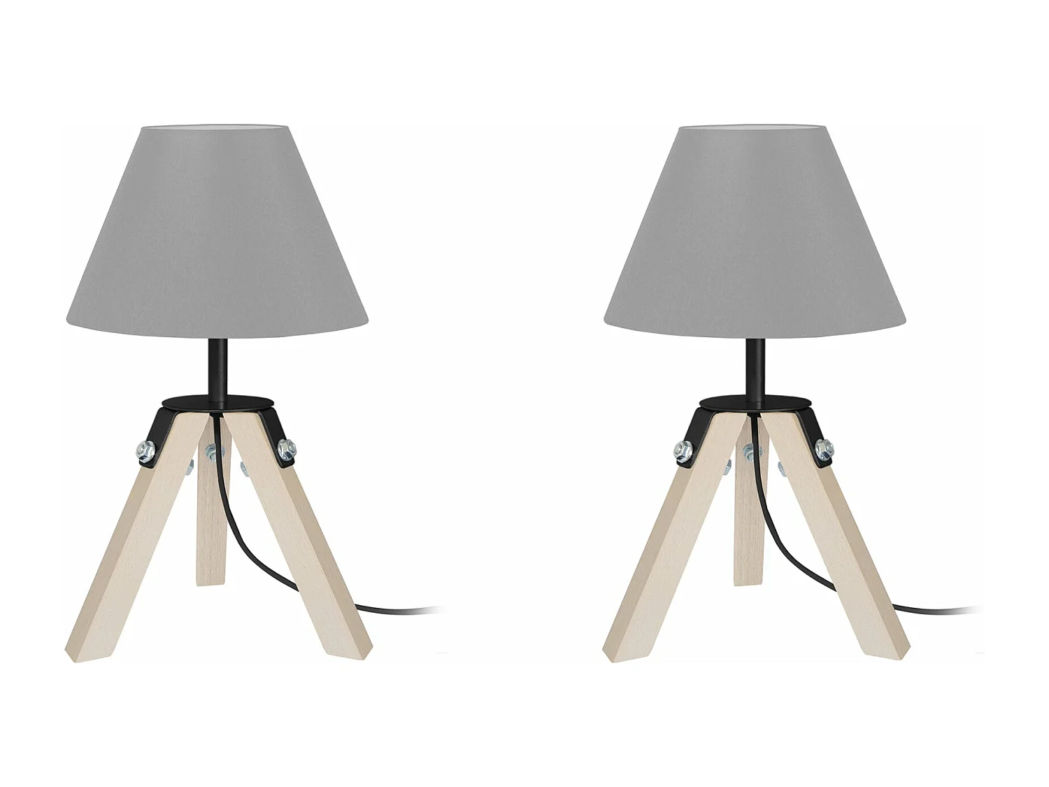 Pair de Lampes de chevet trépied, bois  naturel,aluminium.gris 30 cm.