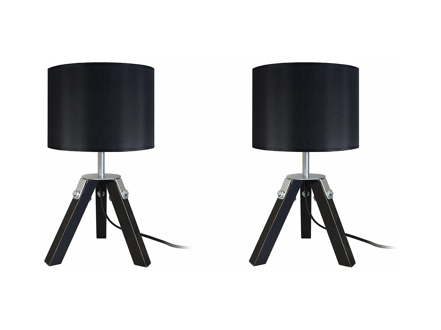 Pair de Lampes de chevet trépied bois  naturel,aluminium,noir 30 cm.