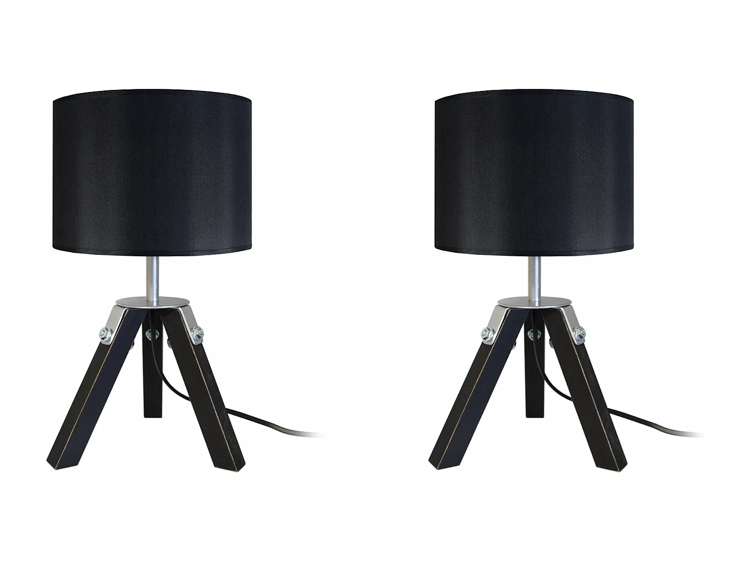 Pair de Lampes de chevet trépied bois  naturel,aluminium,noir 30 cm.