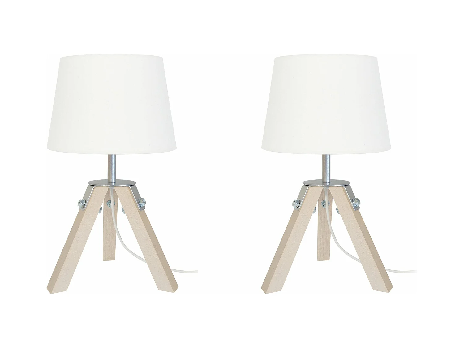 Pair de Lampes de chevet, trépied bois  naturel,aluminium écru 30 cm.