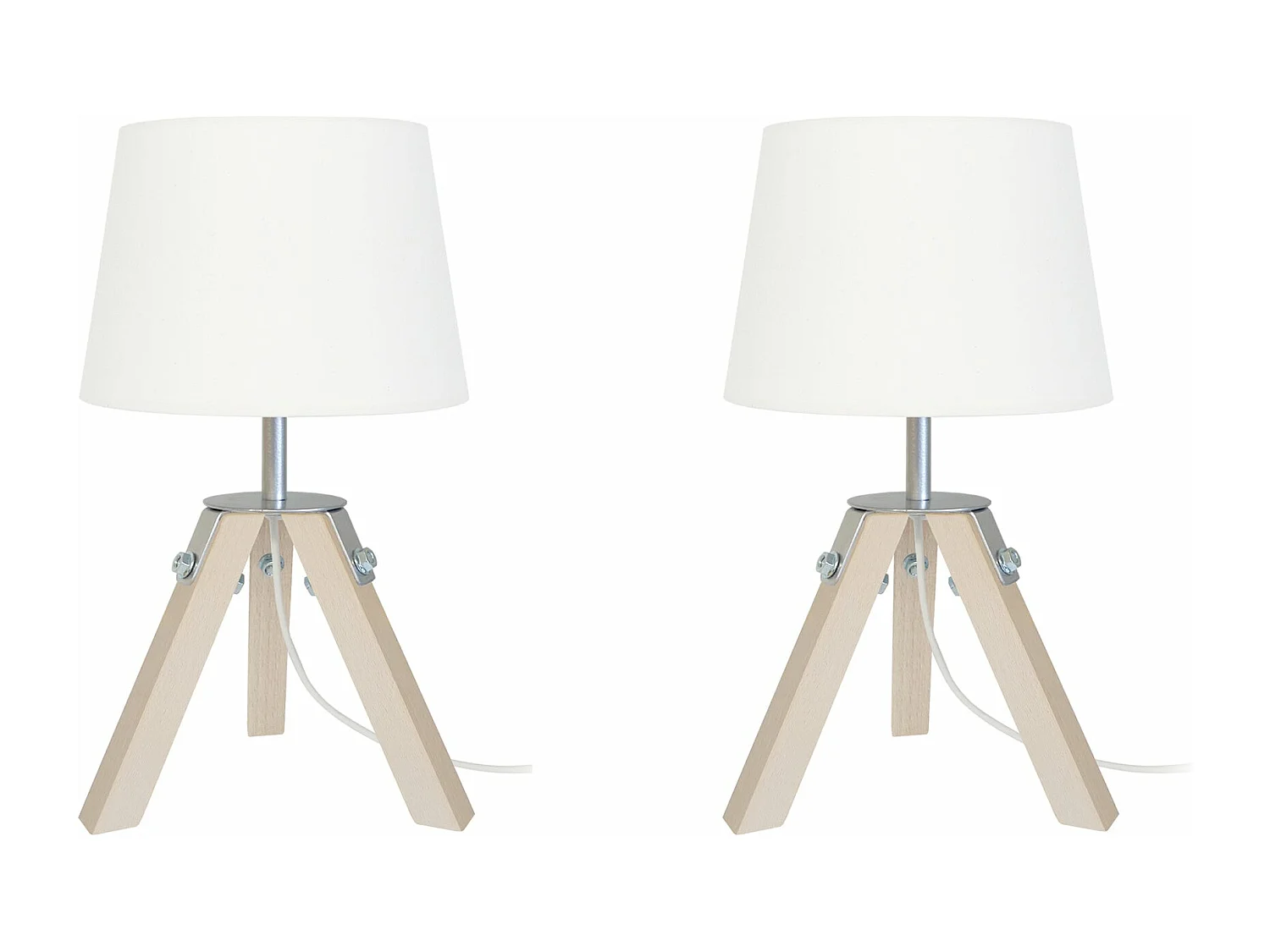 Pair de Lampes de chevet, trépied bois  naturel,aluminium écru 30 cm.