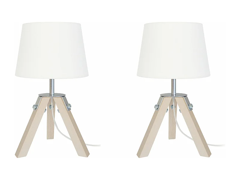 Pair de Lampes de chevet, trépied bois  naturel,aluminium écru 30 cm.