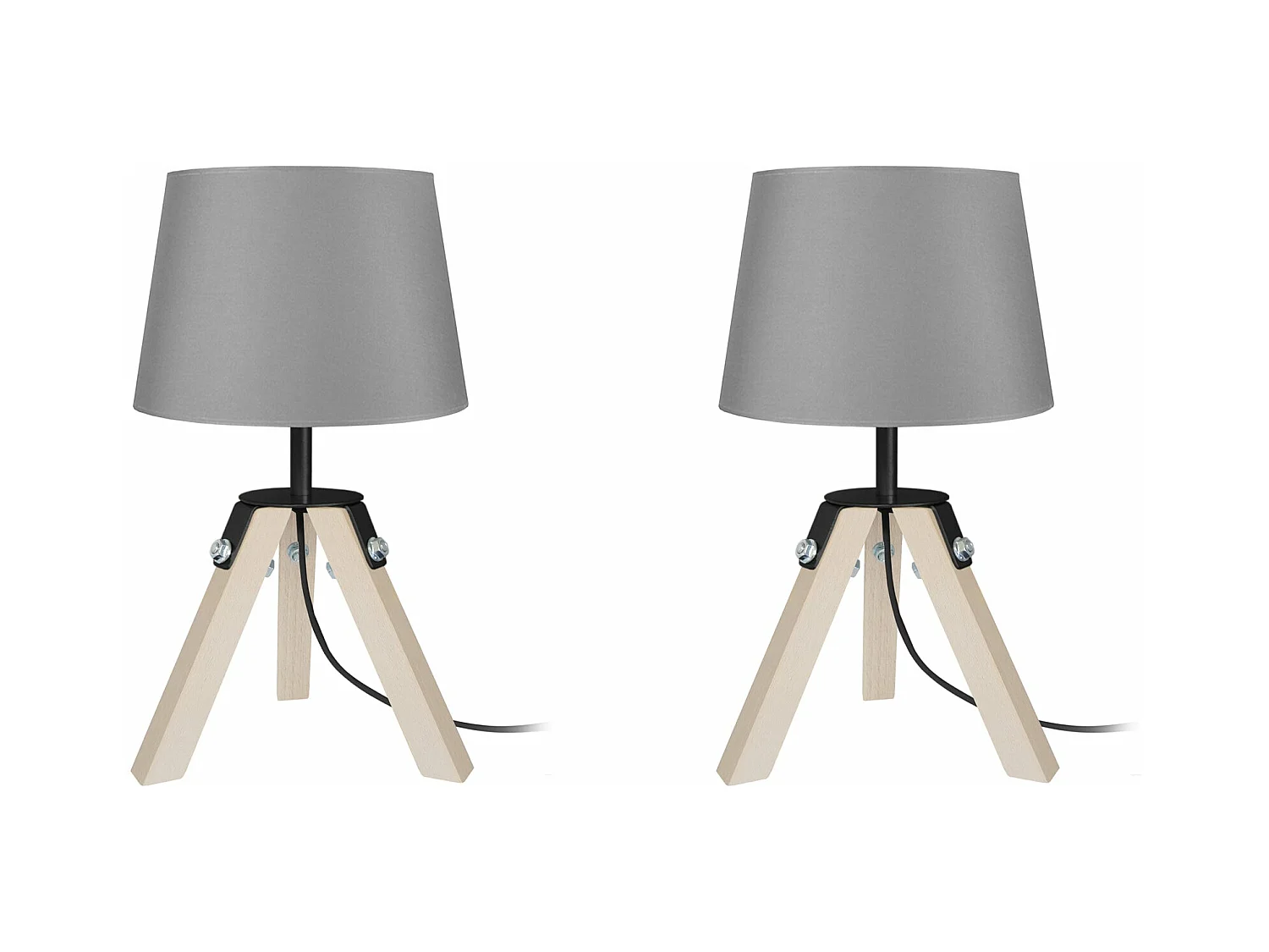 Pair de Lampes de chevet, trépied bois  naturel,noir,gris 30 cm.