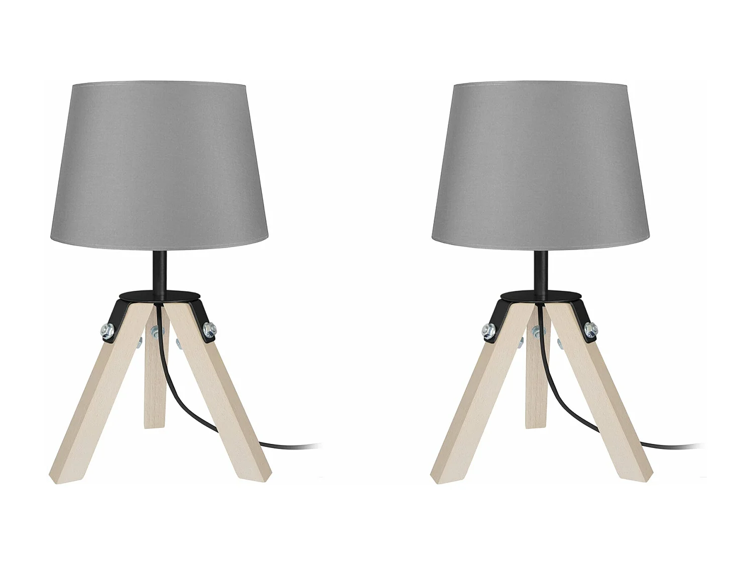 Pair de Lampes de chevet, trépied bois  naturel,noir,gris 30 cm.