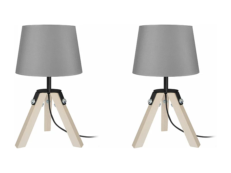 Pair de Lampes de chevet, trépied bois  naturel,noir,gris 30 cm.