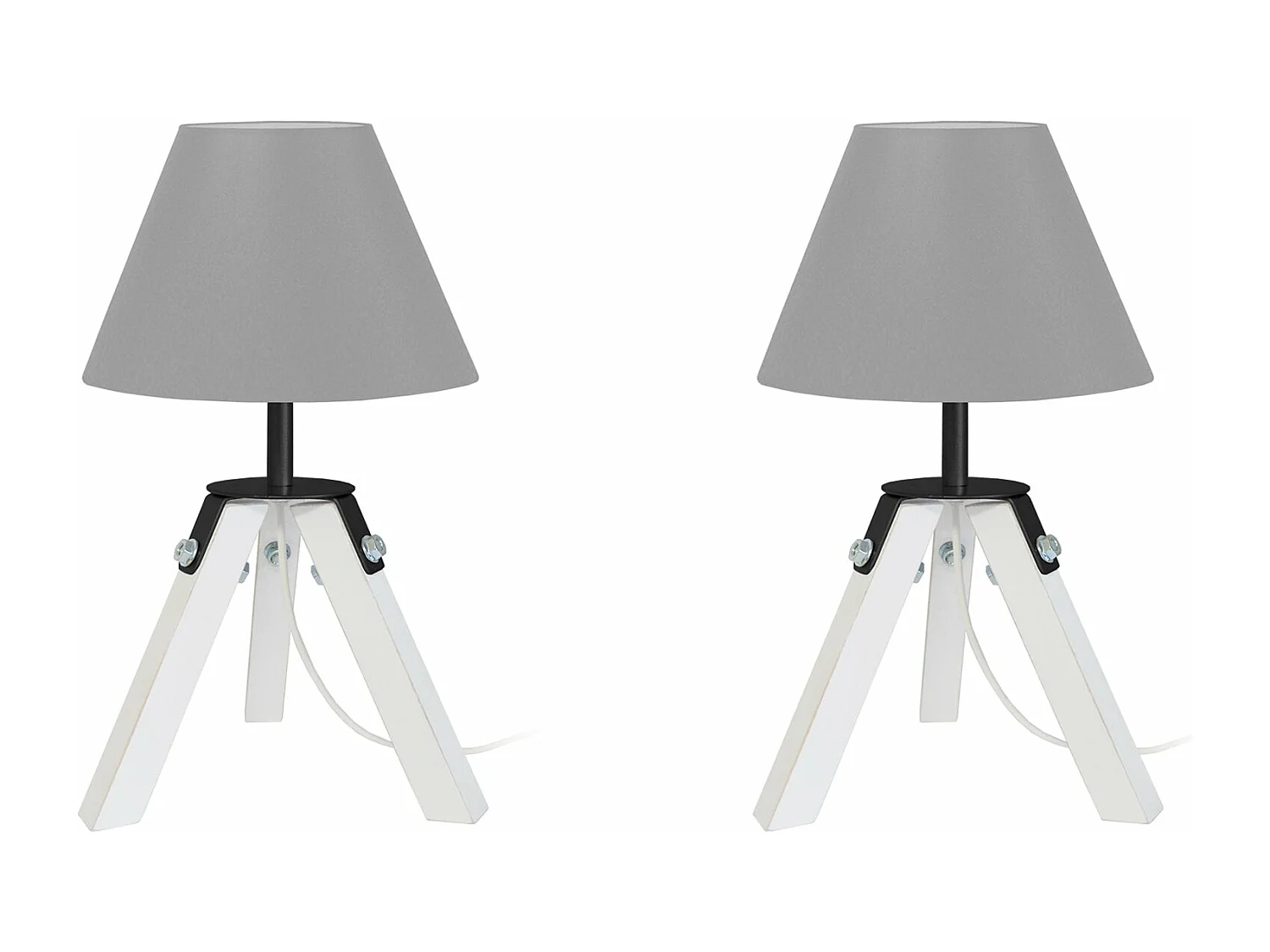 Pair de Lampes de chevet trépied bois  naturel, blanc, gris 30 cm.