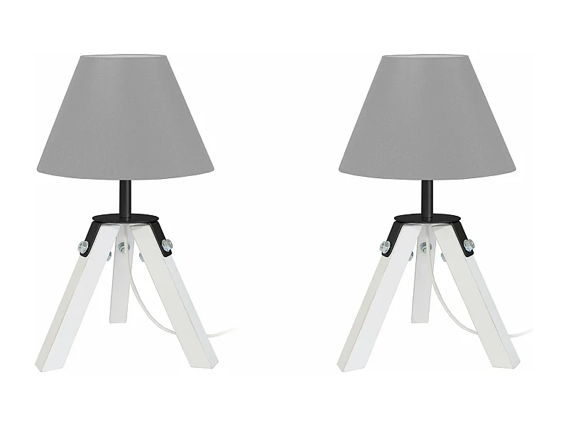 Pair de Lampes de chevet trépied bois  naturel, blanc, gris 30 cm.