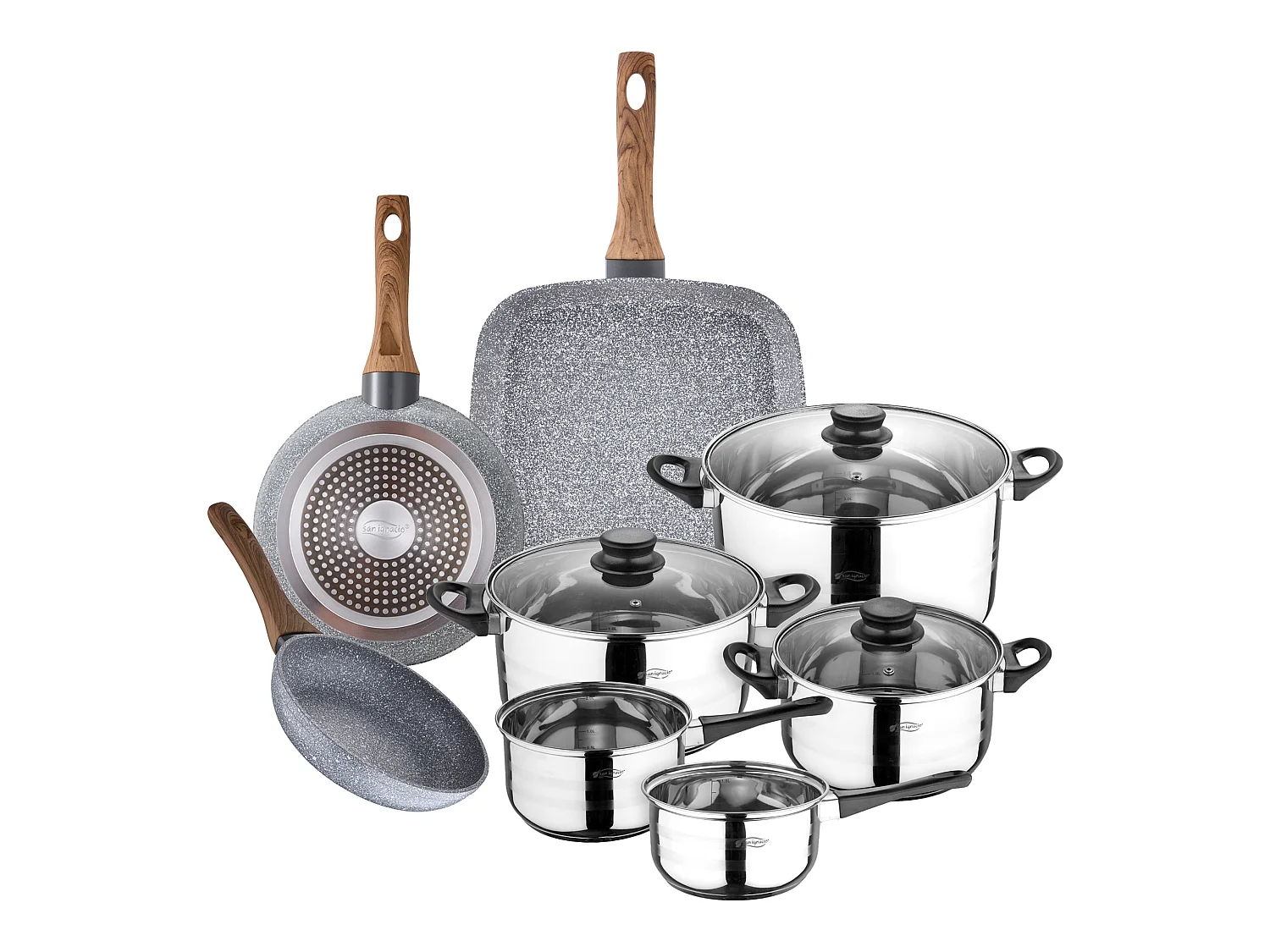 Batterie de cuisine  8 pièces en acier inoxydable avec poêle à frire (18 et 20 cm) et rôtissoire 28x28 cm en aluminium forgé collection dai