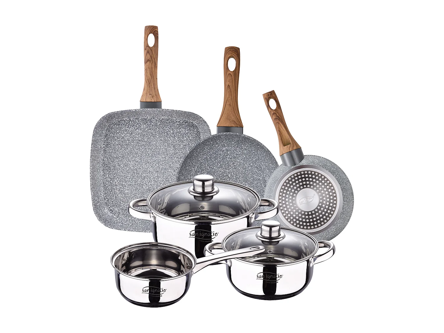 Ensemble 5 pièces + ensemble 2 poêles 18/20 + rôtissoire 28x28 cms