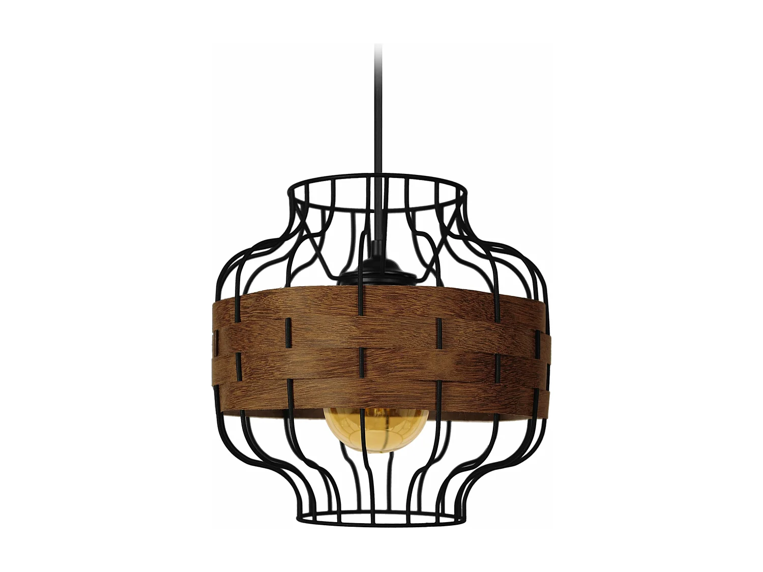 Suspension métal noir bois africain 85 cm.