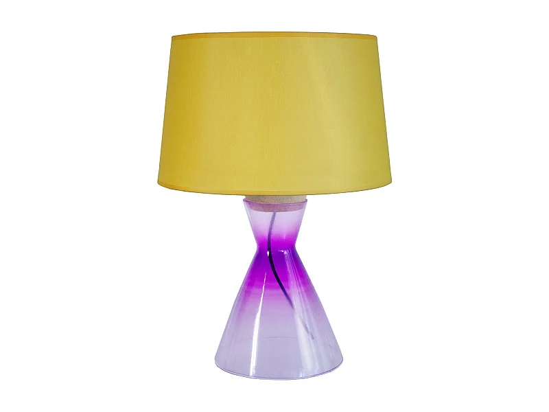 Lampe a poser conique verre  transparent rose et jaune 50 cm.