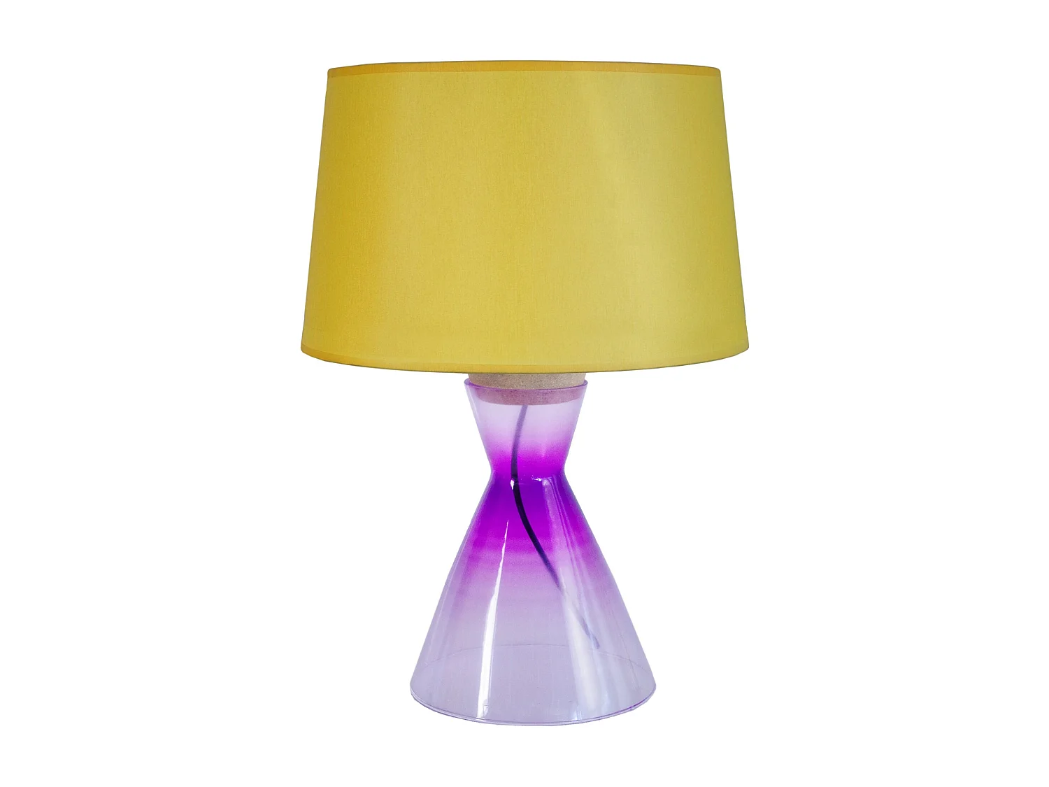 Lampe a poser conique verre  transparent rose et jaune 50 cm.