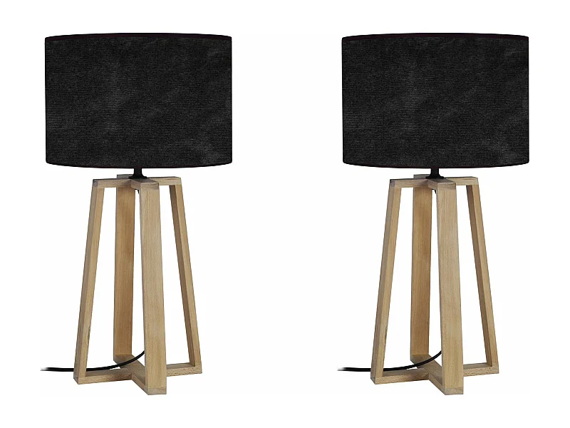 Pair de Lampes de chevet colonne bois  naturel,velournoir 50 cm.