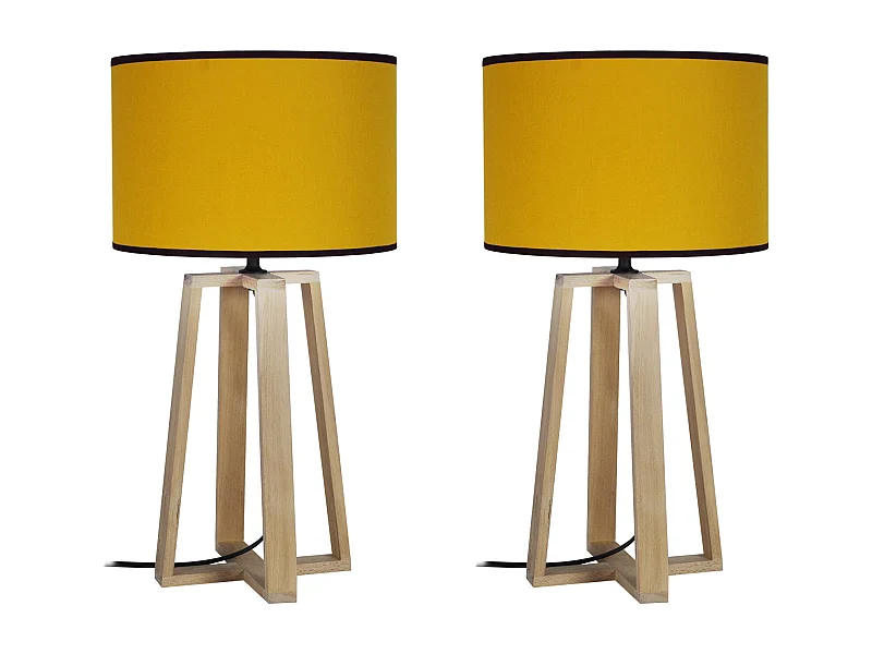 Pair de Lampes de chevet colonne bois  naturel,jaune 50 cm.