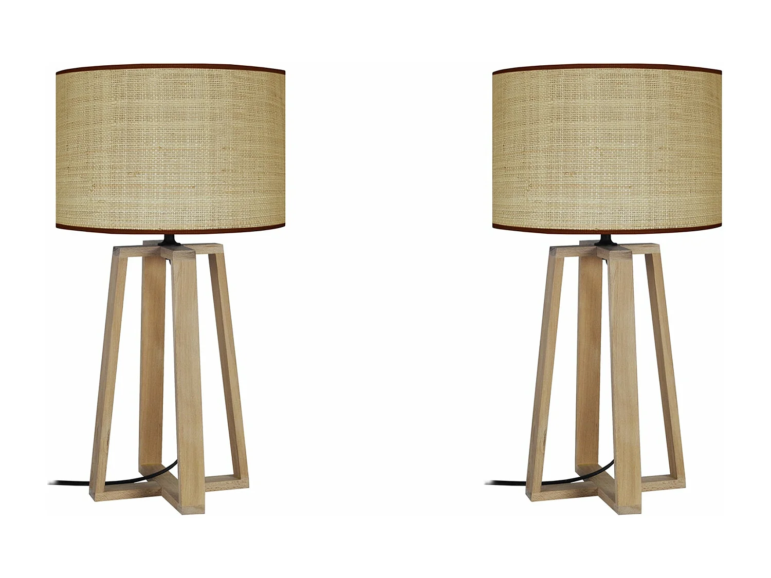 Pair de Lampes de chevet colonne bois  naturel,paille 50 cm.