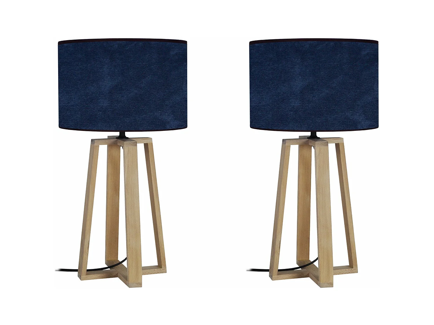 Pair de Lampes de chevet colonne bois  naturel,velourbleu 50 cm.