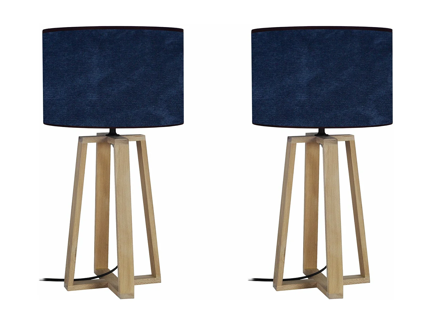 Pair de Lampes de chevet colonne bois  naturel,velourbleu 50 cm.