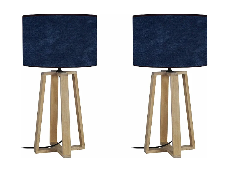 Pair de Lampes de chevet colonne bois  naturel,velourbleu 50 cm.