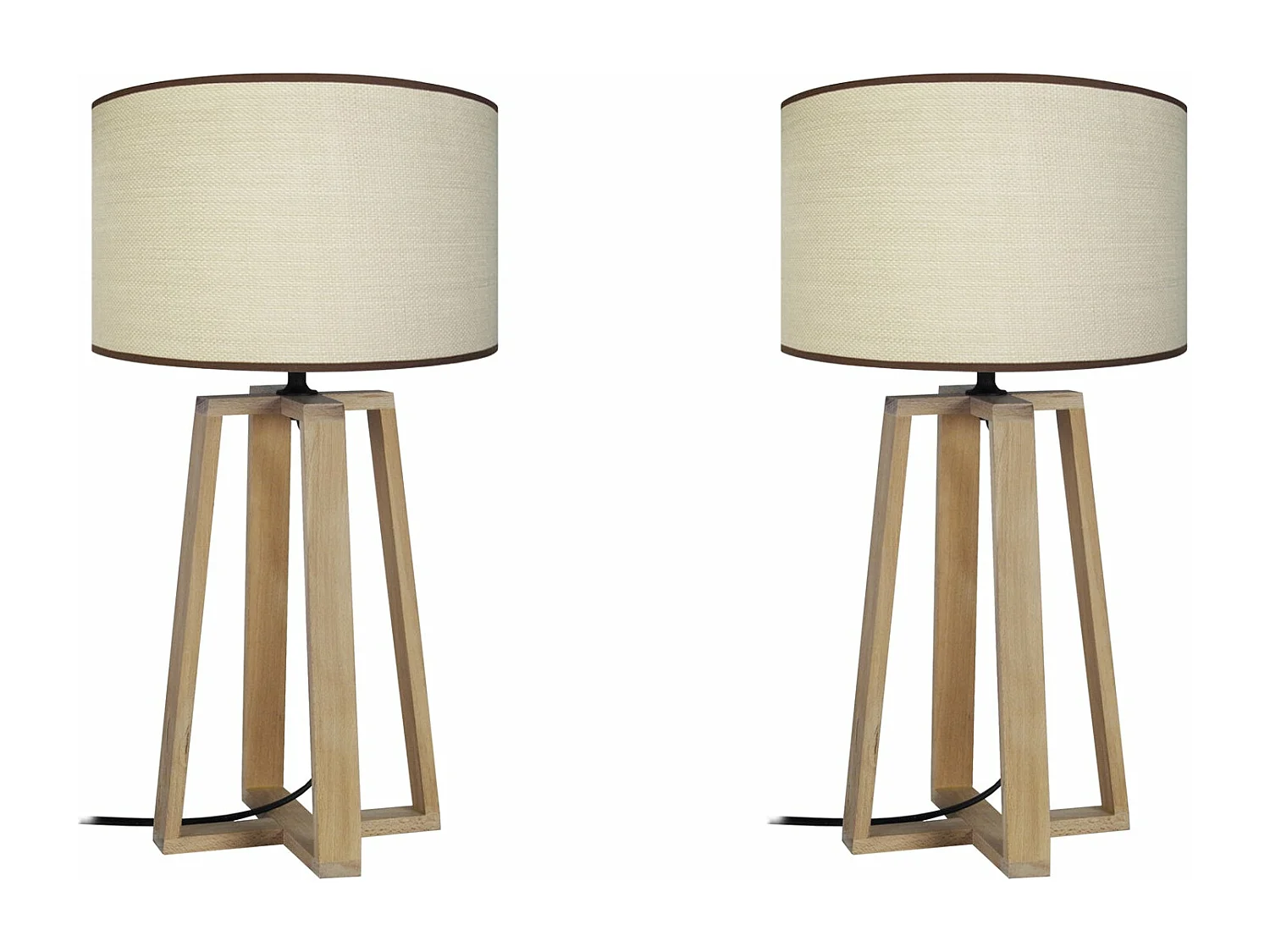 Pair de Lampes de chevet colonne bois  naturel, creme 50 cm.