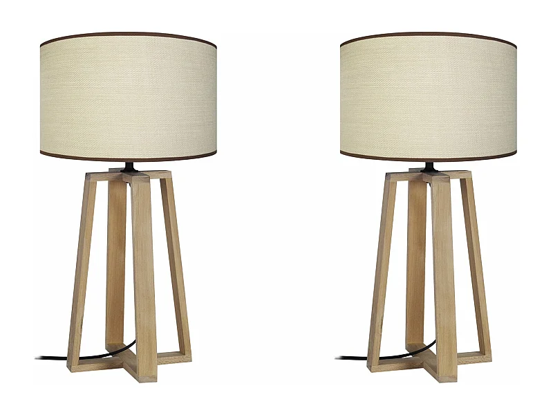 Pair de Lampes de chevet colonne bois  naturel, creme 50 cm.