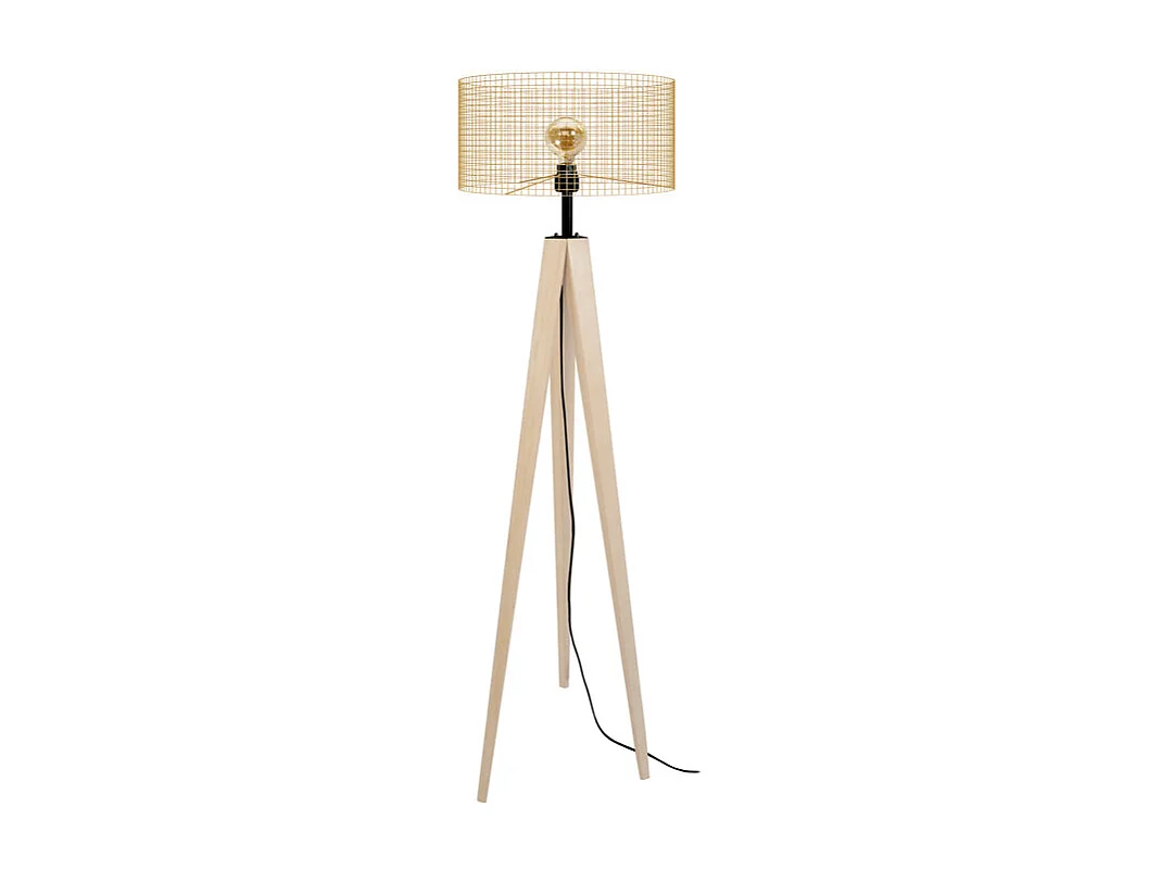 Lampadaire , trépied bois  naturel,jaune 160 cm.