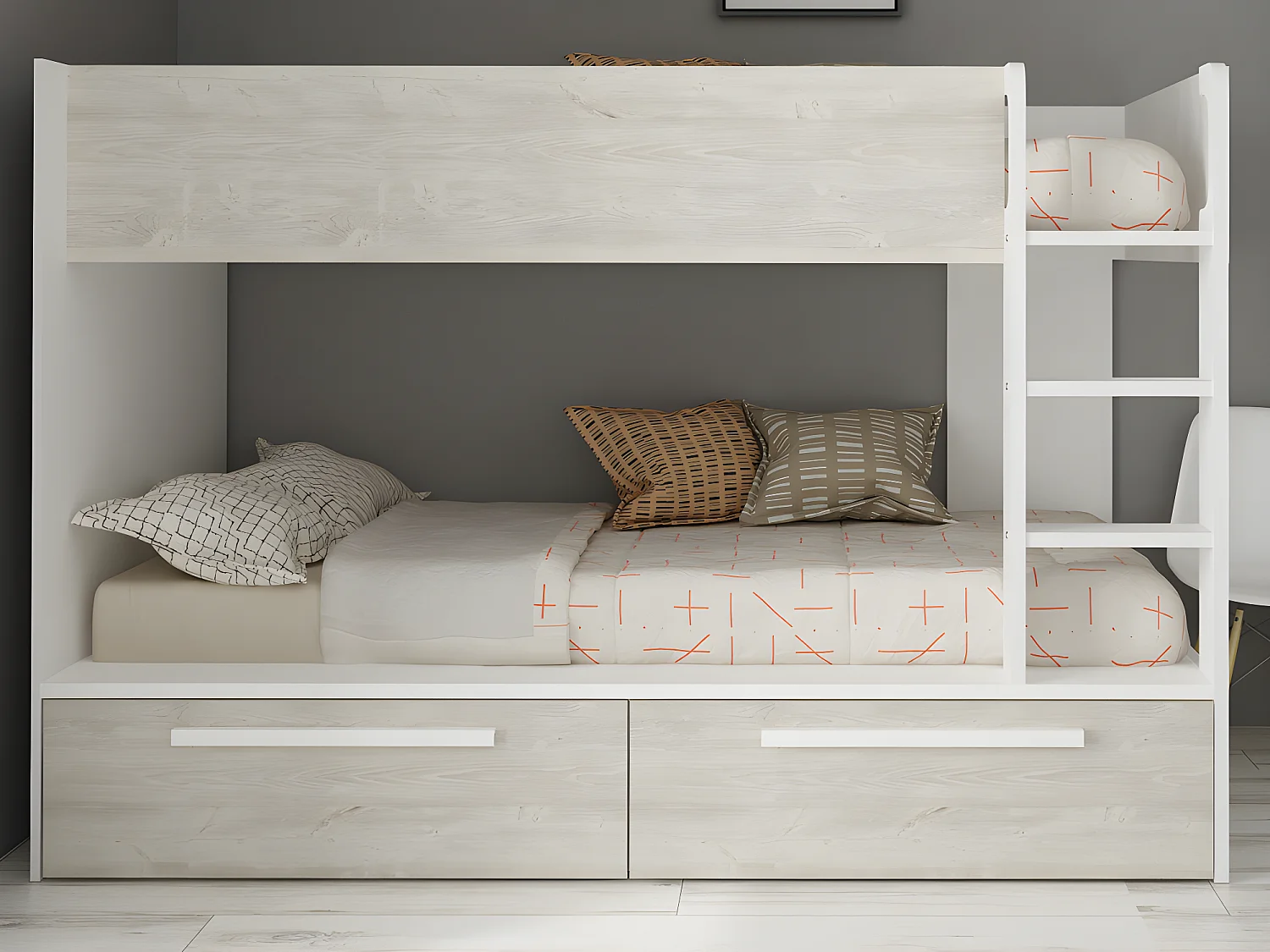 Letto a castello 2 x 90 x 200 cm 2 cassetti Bianco e Naturale + Materasso - TINOLI