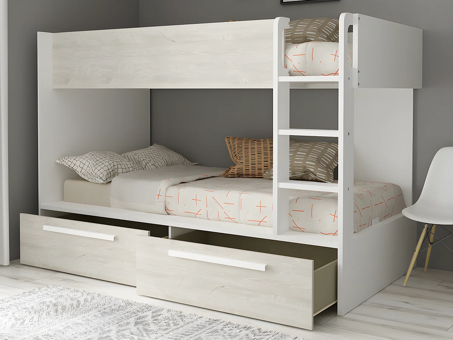 Letto a castello 2 x 90 x 200 cm 2 cassetti Bianco e Naturale + Materasso - TINOLI