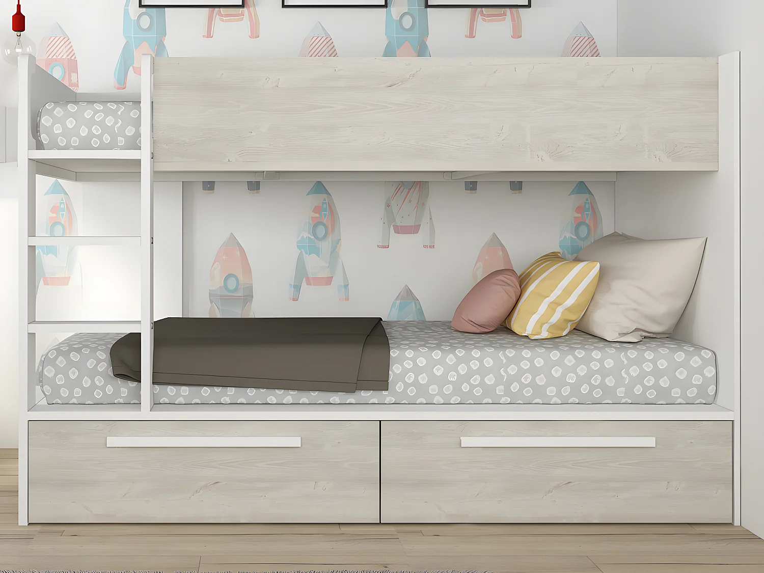 Letto a castello 2 x 90 x 200 cm 2 cassetti Bianco e Naturale + Materasso - TINOLI