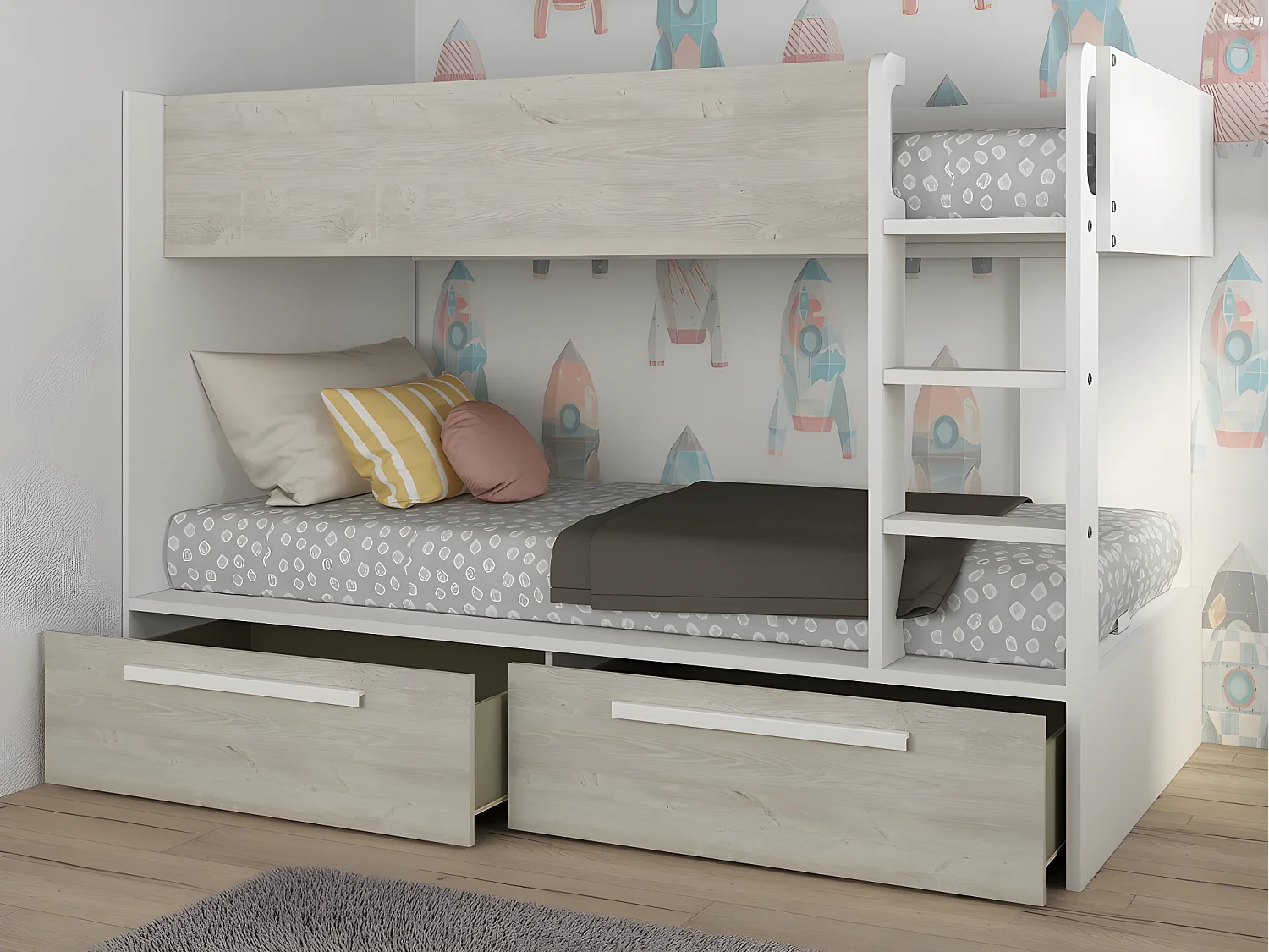 Lits superposés 2 x 90 x 200 cm - 2 tiroirs - Blanc et naturel + Matelas - TINOLI