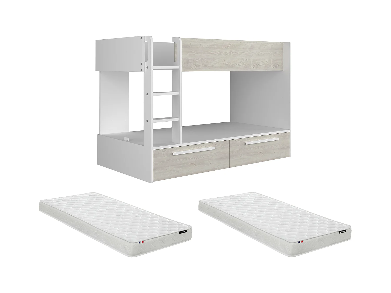 Lits superposés 2 x 90 x 200 cm - 2 tiroirs - Blanc et naturel + Matelas - TINOLI