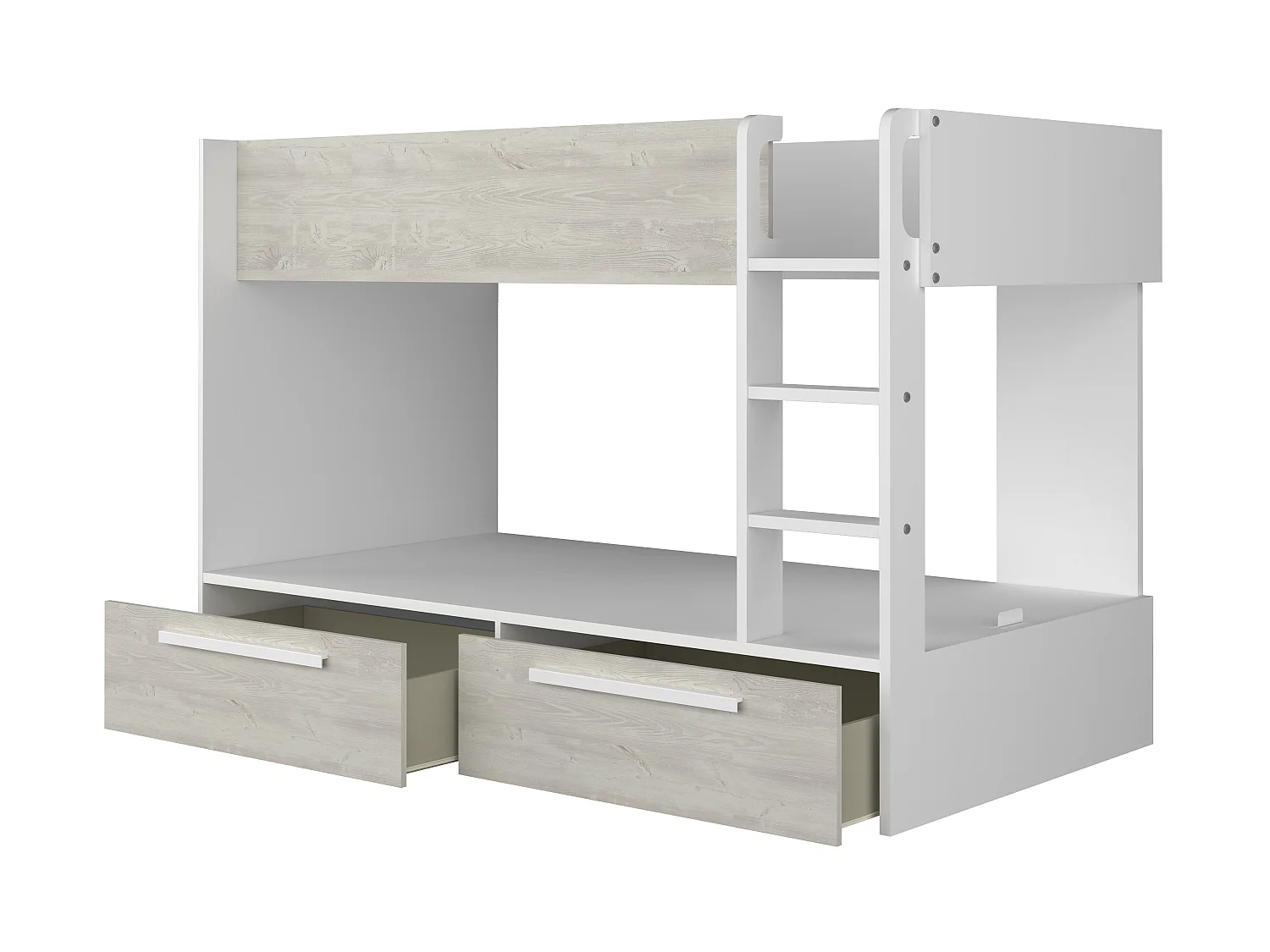 Lits superposés 2 x 90 x 200 cm - 2 tiroirs - Blanc et naturel + Matelas - TINOLI