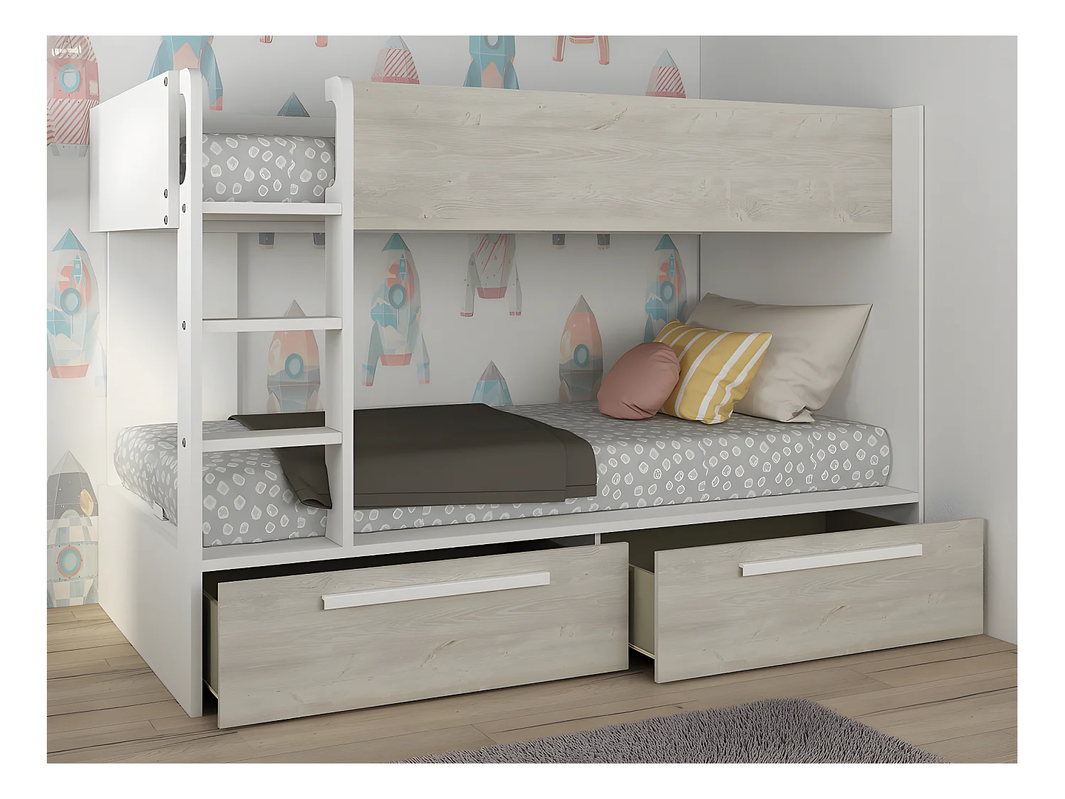 Lits superposés 2 x 90 x 200 cm - 2 tiroirs - Blanc et naturel + Matelas - TINOLI