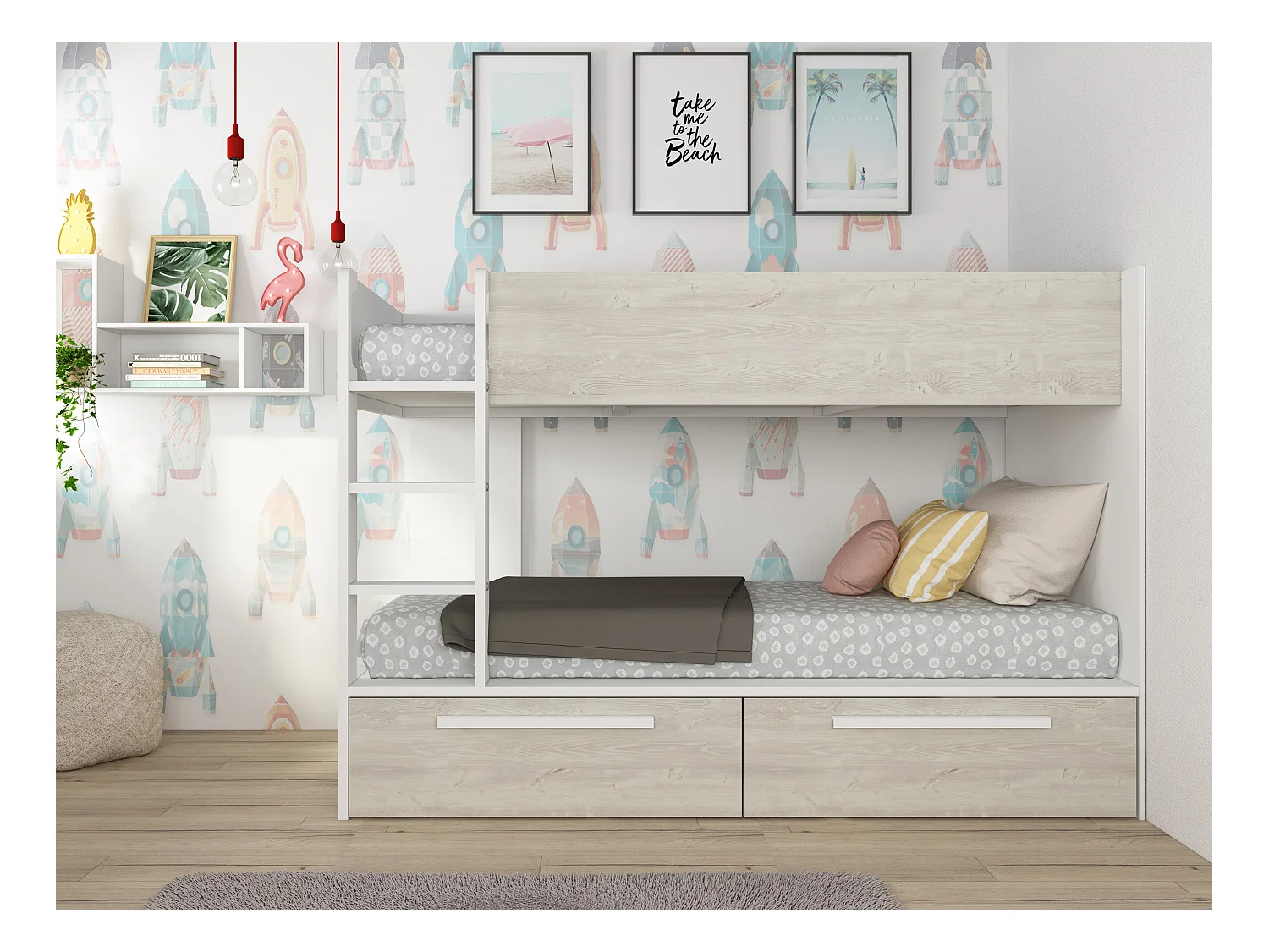 Lits superposés 2 x 90 x 200 cm - 2 tiroirs - Blanc et naturel + Matelas - TINOLI