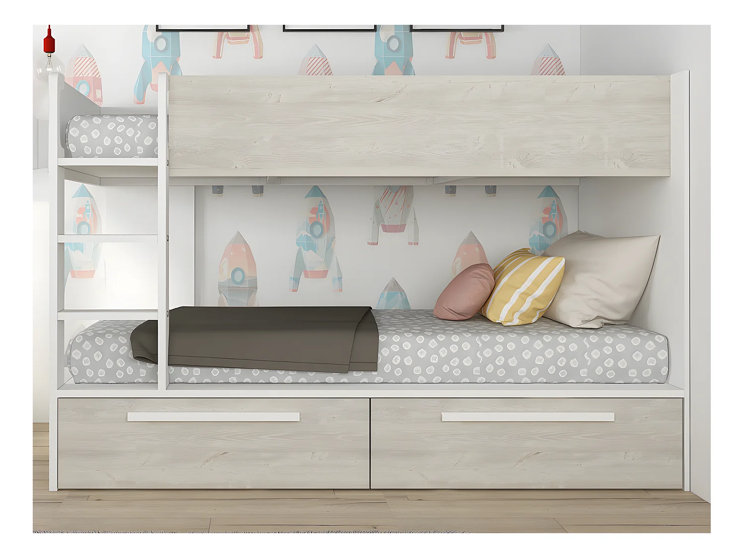 Lits superposés 2 x 90 x 200 cm - 2 tiroirs - Blanc et naturel + Matelas - TINOLI