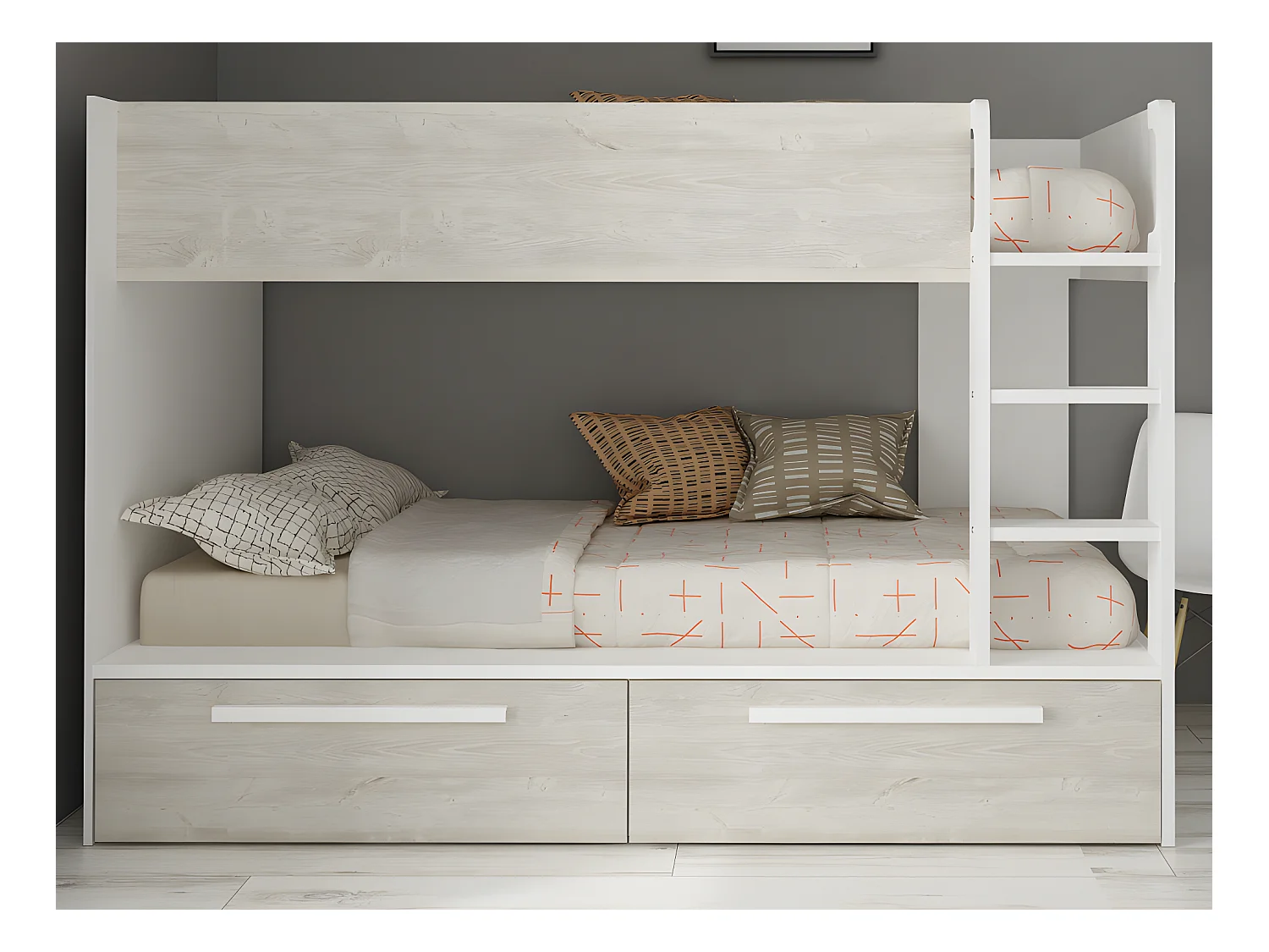 Lits superposés 2 x 90 x 200 cm - 2 tiroirs - Blanc et naturel + Matelas - TINOLI
