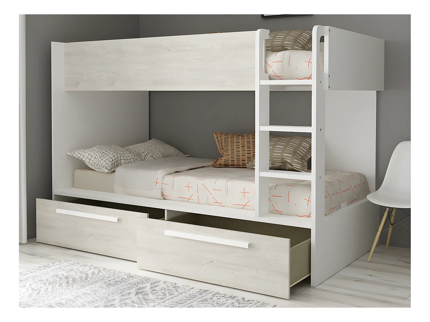 Lits superposés 2 x 90 x 200 cm - 2 tiroirs - Blanc et naturel + Matelas - TINOLI
