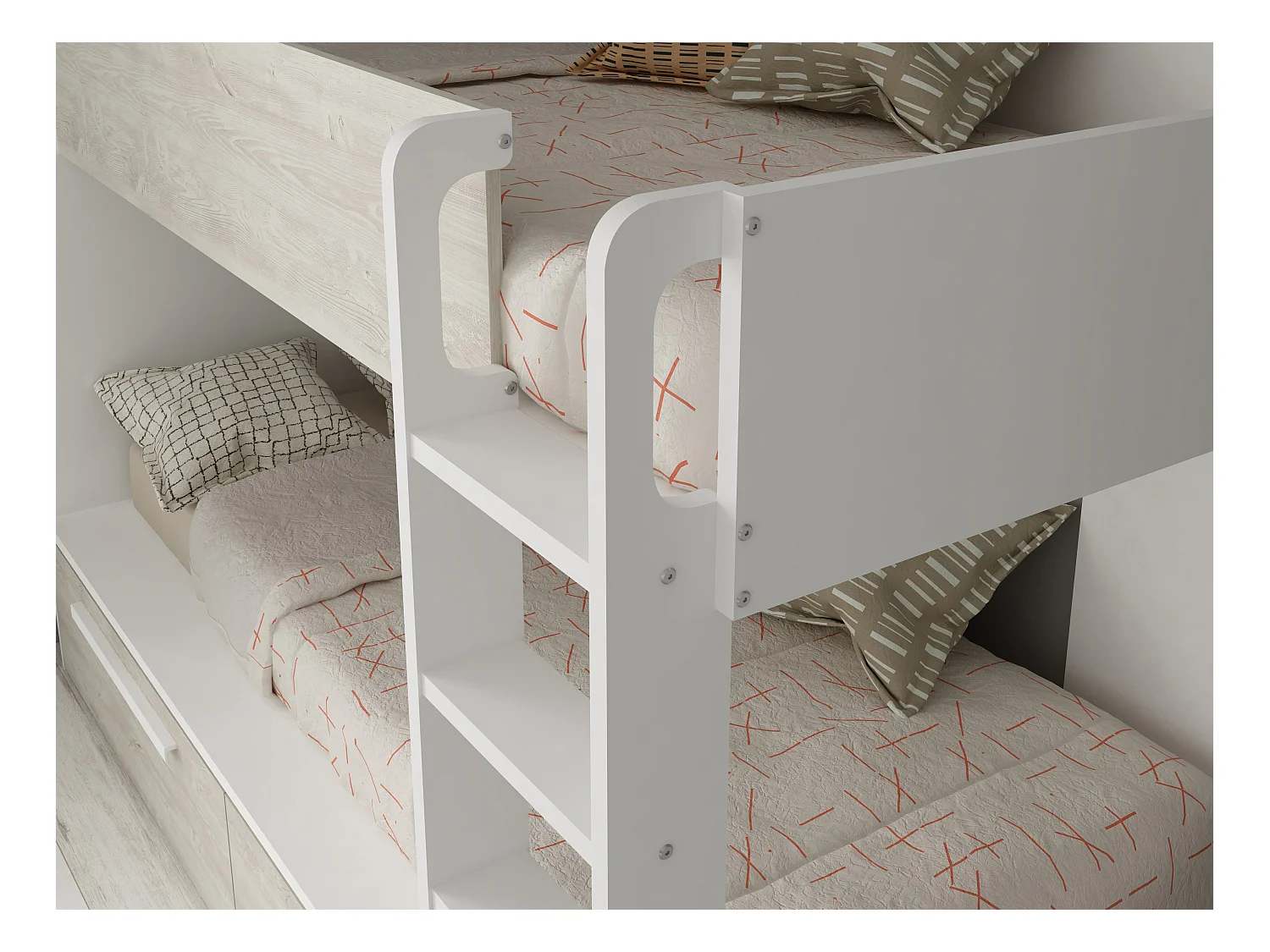 Lits superposés 2 x 90 x 200 cm - 2 tiroirs - Blanc et naturel + Matelas - TINOLI