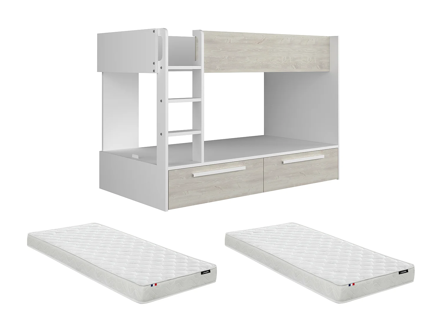 Łóżko piętrowe 2 x 90 x 200 cm - 2 szuflady - Biały i naturalny + Materac - TINOLI