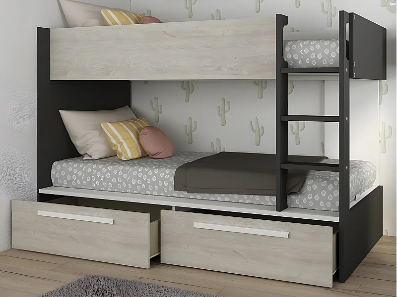 Lits superposés 2 x 90 x 200 cm - 2 tiroirs - Anthracite, naturel et blanc + Matelas - TINOLI
