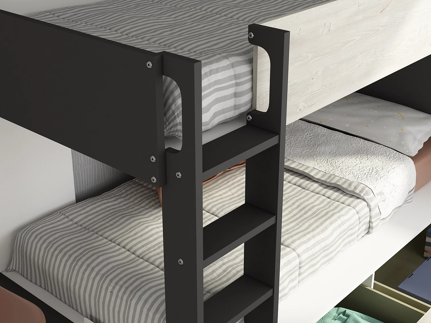 Lits superposés 2 x 90 x 200 cm - 2 tiroirs - Anthracite, naturel et blanc + Matelas - TINOLI